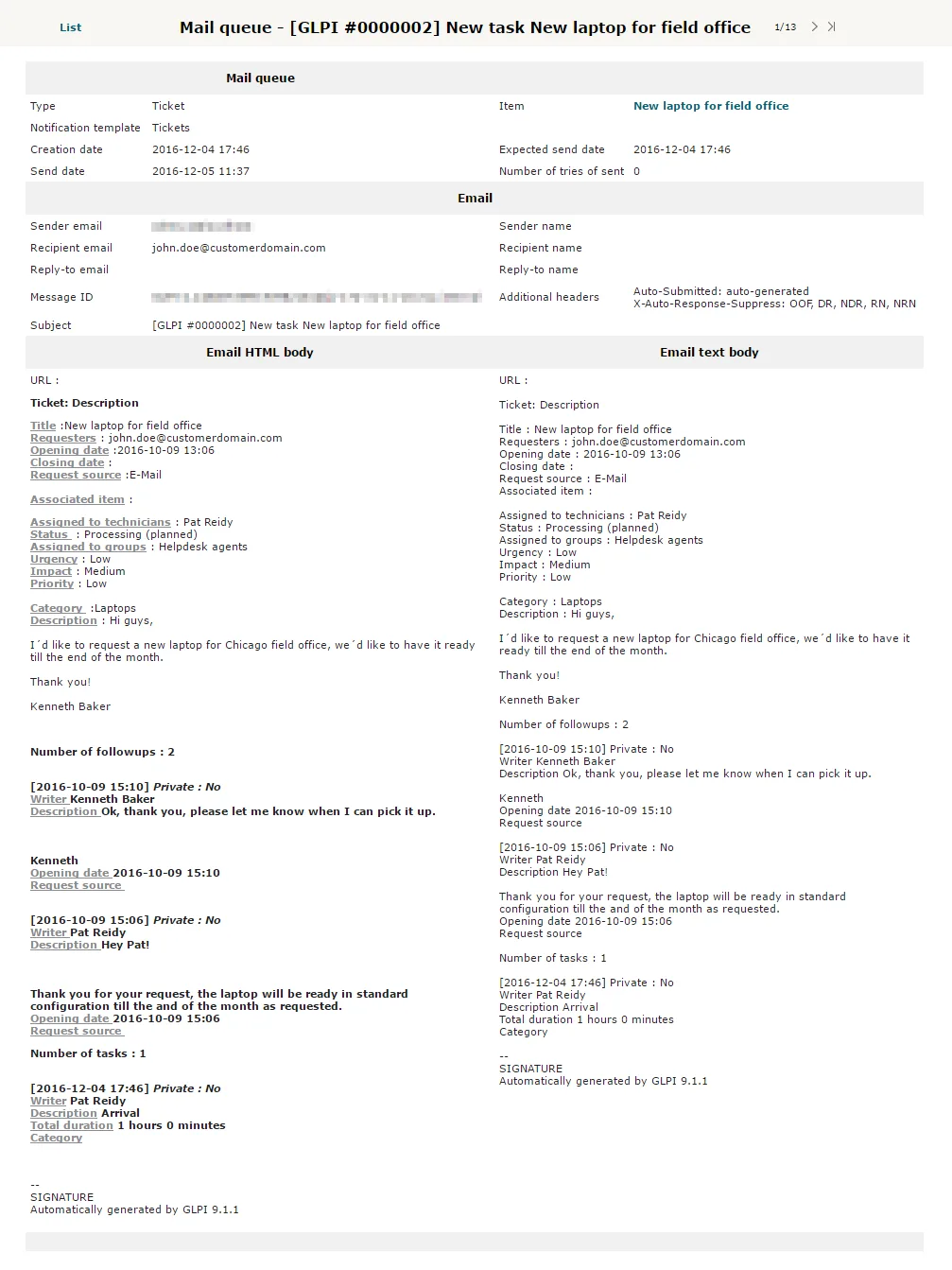 View email messages sent through GLPI